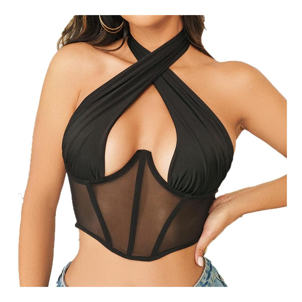 Criss Cross Damen Tanktops - Sexy Y2k Crop Tops mit Neckholder Cut Out Ärmellos Design Rückenfreies Corset Top für Sommer – Einfarbiges Casual Vest Blusentop