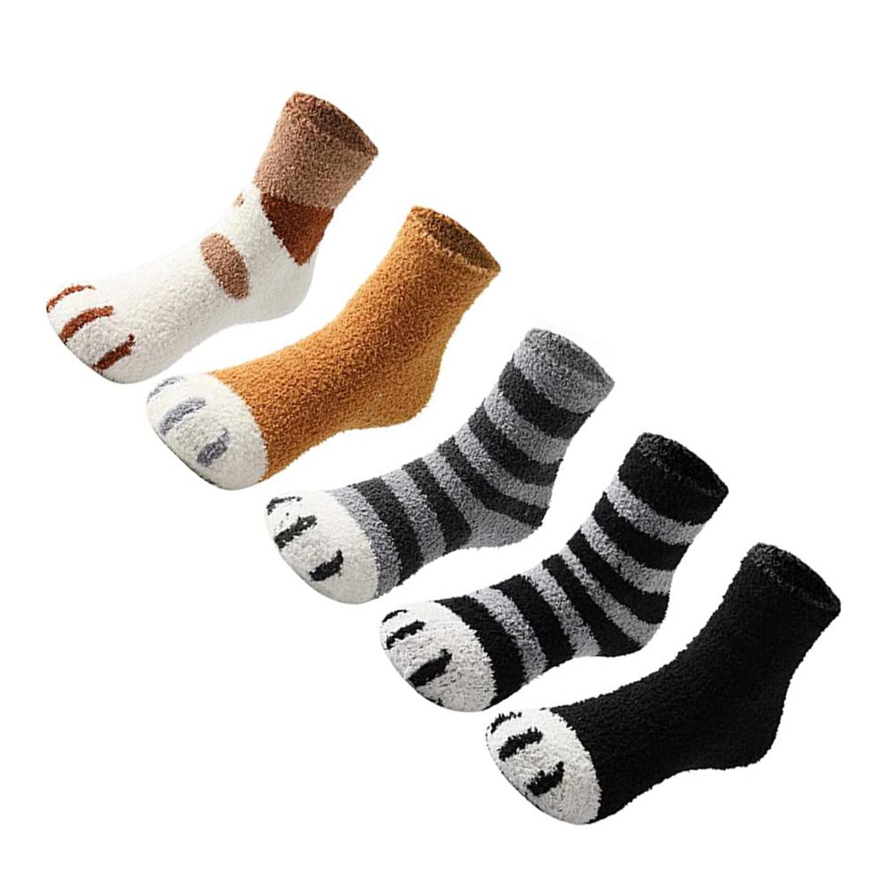Warme Damen Stoppersocken 5er Pack | Flauschige Coral Fleece Katzensocken | Winter Hausschuhsocken mit Katzenkrallen | Damen-Mittelrohrsocken für Zuhause | Fuzzy Plüsch Schlafsocken