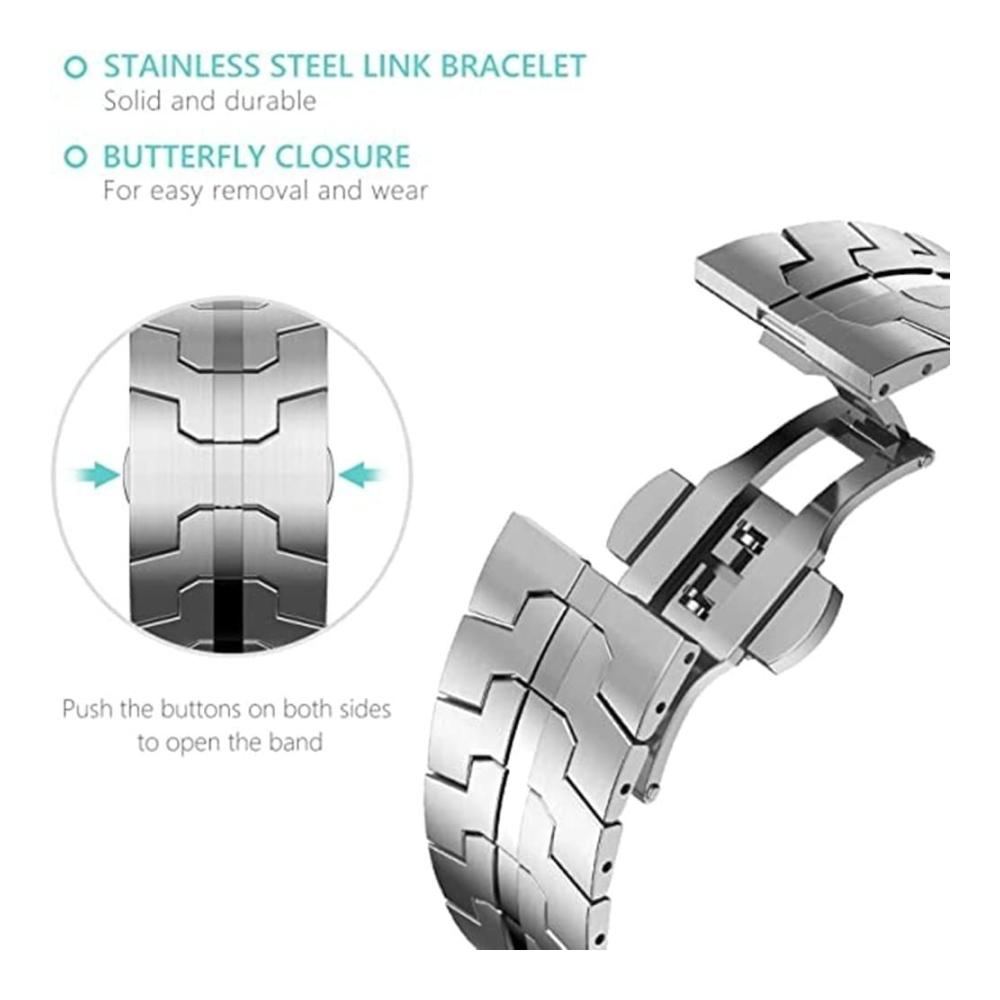 Edelstahl Apple Watch Armband | Massives Gehäuse & Metall-Schmetterlingsverschluss | Kompatibel mit 49mm Ultra 8/7/6/5/4/SE & 45mm/41mm/44mm/40mm | TPU-Abdeckung | iWatch 321 (42mm