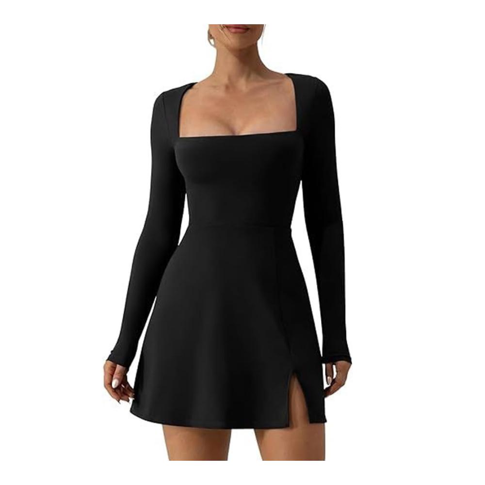 Sexy Langarm Party Damen Cocktailkleid mit Square Neck - Enges Minikleid mit Schlitz perfekt für Herbstkleidung und elegante Abendveranstaltungen