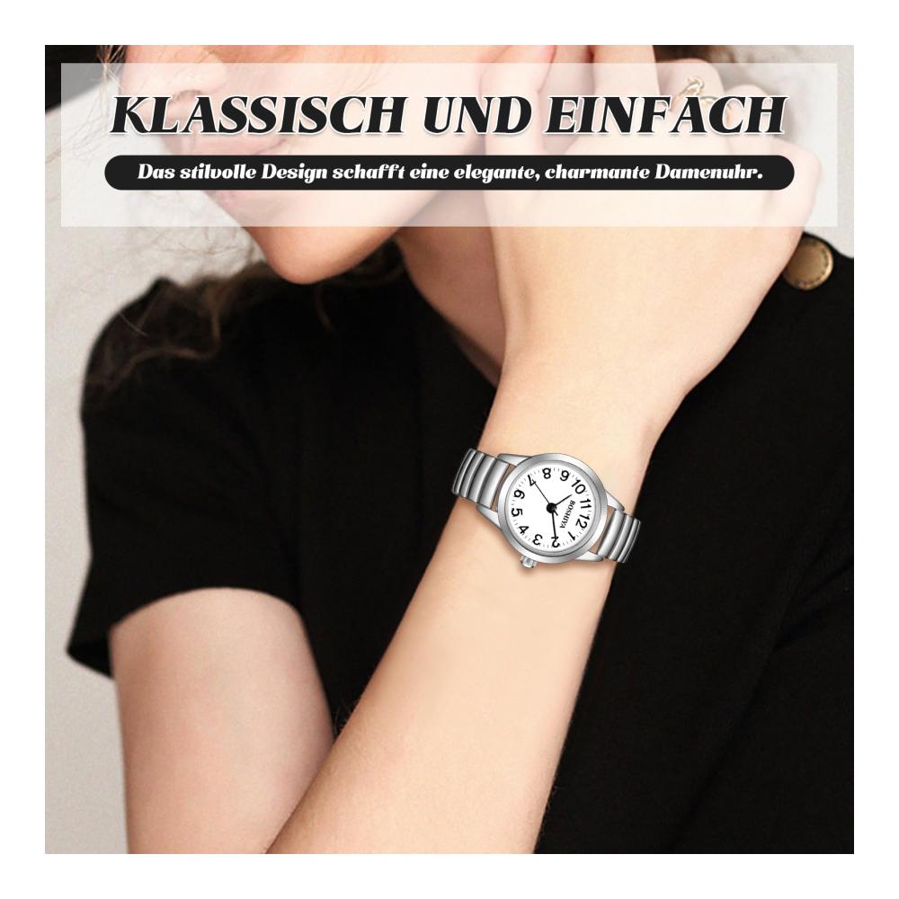 Damen Armbanduhr 23mm Edelstahl Elegant - Analog Quarz Uhr mit Großem Digital Zifferblatt Elastischem Armband - Gold/Silber Design