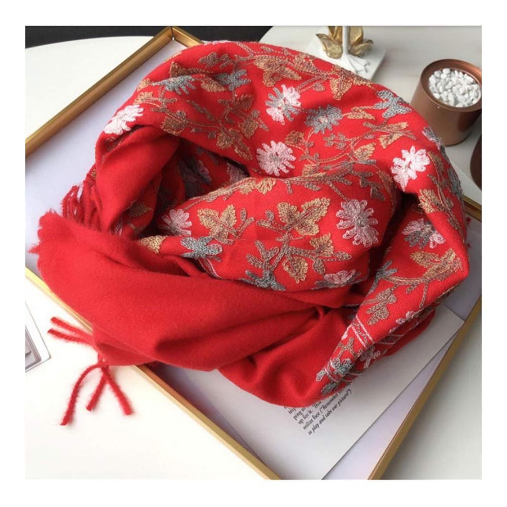Damen Kaschmir-Schal mit Vintage-bestickten Blumen | Großer Winter-Schal in F für Damen | Warme dicke Schals für Herbst und Winter