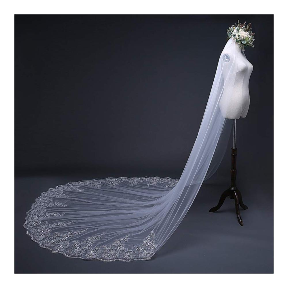 Hochzeitsschleier 4M mit Kathedrale Gestickter Blumenspitze und Kamm