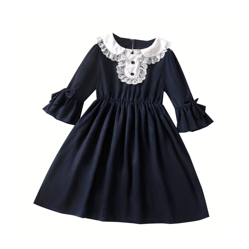 Kinder Geschenk Langärmeliges Mädchen Kleid mit Spitze Patchwork-Design und elastischer Taille