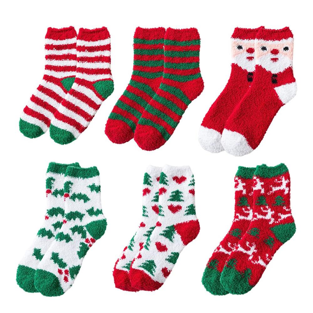 Hachera Weihnachtssocken - 6 Paar Damen Kuschelsocken für Warme Winter Hausschuhe - Flauschige Wintersocken mit Stoppersohle