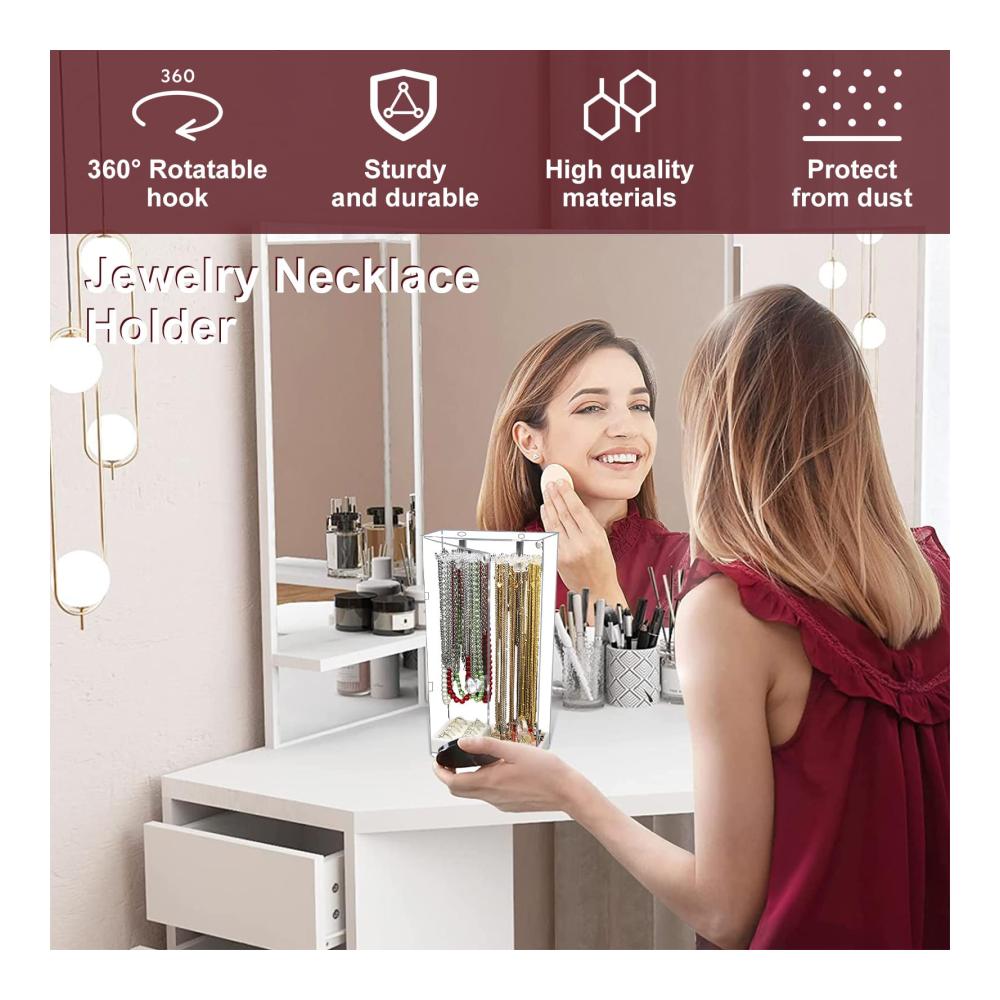 360° Drehbarer Schmuckständer mit Acryl Tablett – Staubdichter Schmuckhalter für Halskette Armband und Ringe – Transparente Schmuckaufbewahrung mit 24 Haken – Kettenständer aus Acryl und Samt – Praktischer Kettenhänger (32 * 15.2 * 8.5cm