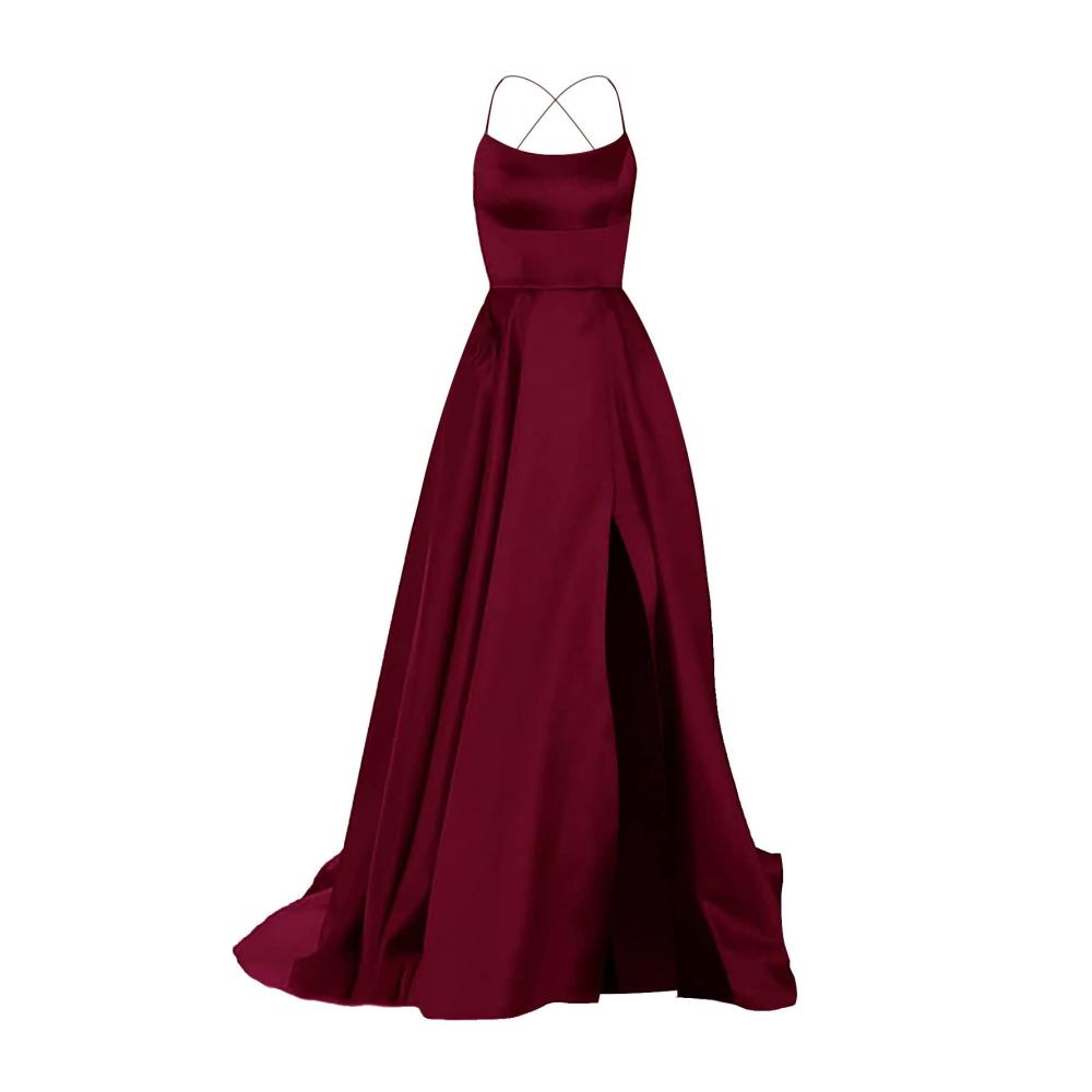 Abendkleider Elegant Hochzeits- und Abschlusskleider Damen Maxi Dress in A-Linie Satin mit Schlitz Spaghetti-Trägern Taschen – Perfekte Festkleider für jede Party