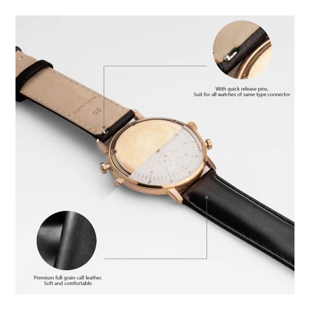 20MM Braun WOLLPO Leder Uhrenarmband - Schnellverschluss Ersatzband für Herren und Damen