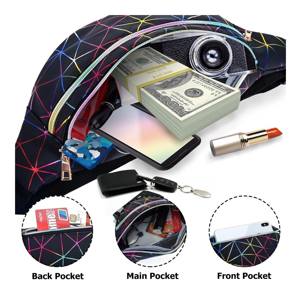 Mode-Hüfttaschen Set (2 Stück) - Wasserdichte Gürteltasche aus PU-Leder mit reflektierendem Design verstellbarem Gurt und glänzendem Metallic-Look für Reisen Partys und Wandern (Schwarz/Silber