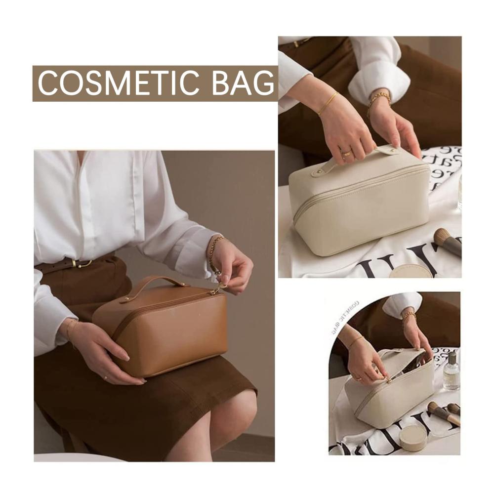 Große Kapazität Kosmetikkoffer für Frauen - Multifunktionale Reise-Make-up-Tasche mit Reißverschluss doppelte Schicht Griff und goldfarbenem Reißverschluss (Farbe Braun