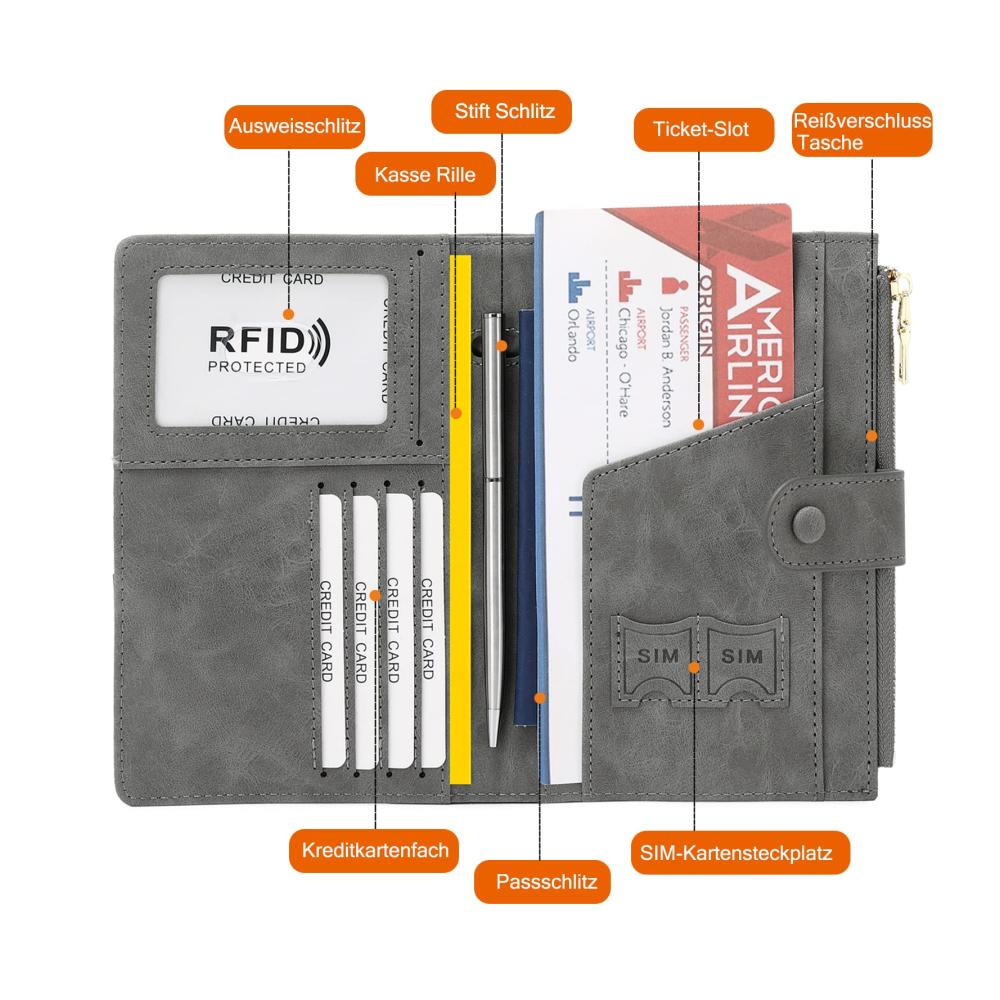 Reisepasshülle mit RFID-Blocker - Schutzhülle für Kreditkarten Ausweis und Reisedokumente - Graue Multi-Compartment Tasche für sichere Aufbewahrung - Travel Organizer als praktisches Reisezubehör