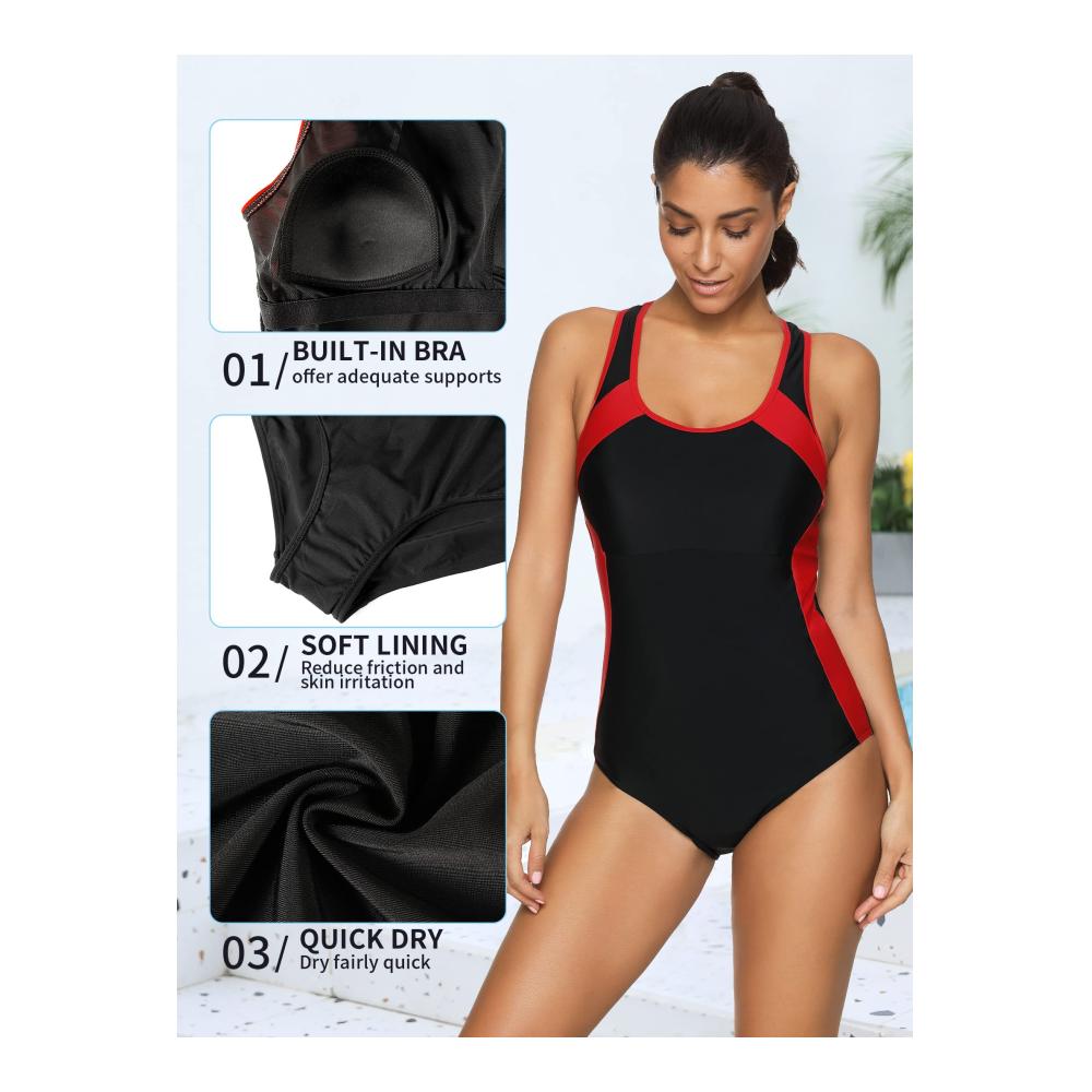 Attraco Damen Badeanzug mit Bauchweg-Effekt und Push-Up – Einteiliger Schwimmanzug für Sport und Bademode