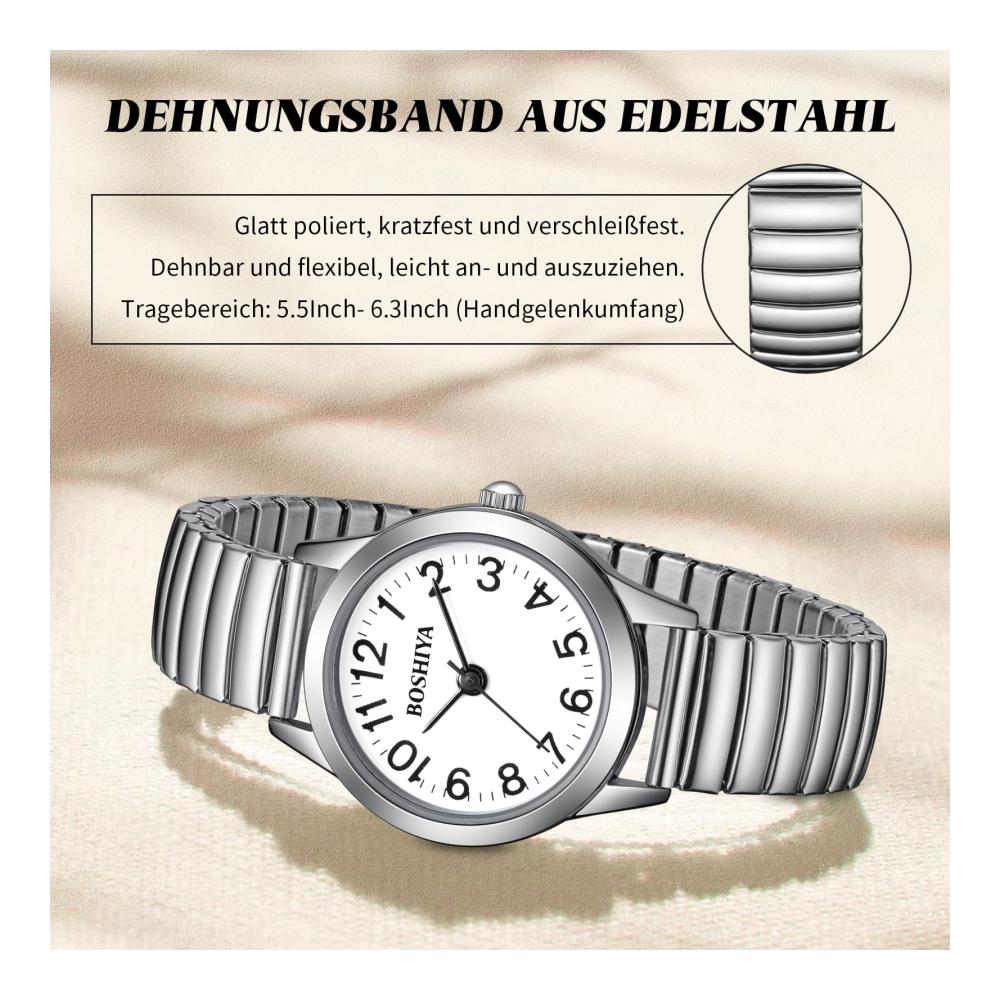 Damen Armbanduhr 23mm Edelstahl Elegant - Analog Quarz Uhr mit Großem Digital Zifferblatt Elastischem Armband - Gold/Silber Design