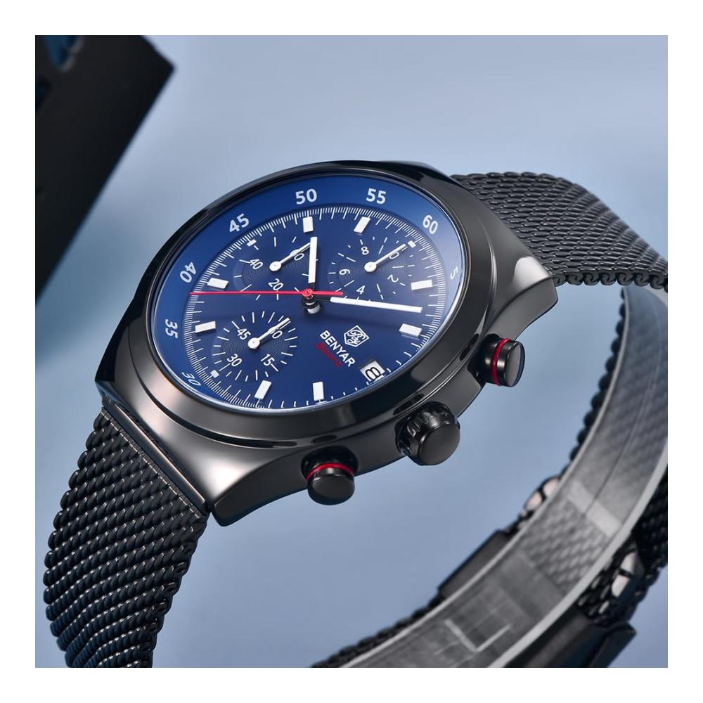 BENYAR Herrenuhr BY-5200M - Militäruhr mit Mesh-Armband Analogem Quarzwerk Business Datum Wasserdicht - Ideales Herrengeschenk
