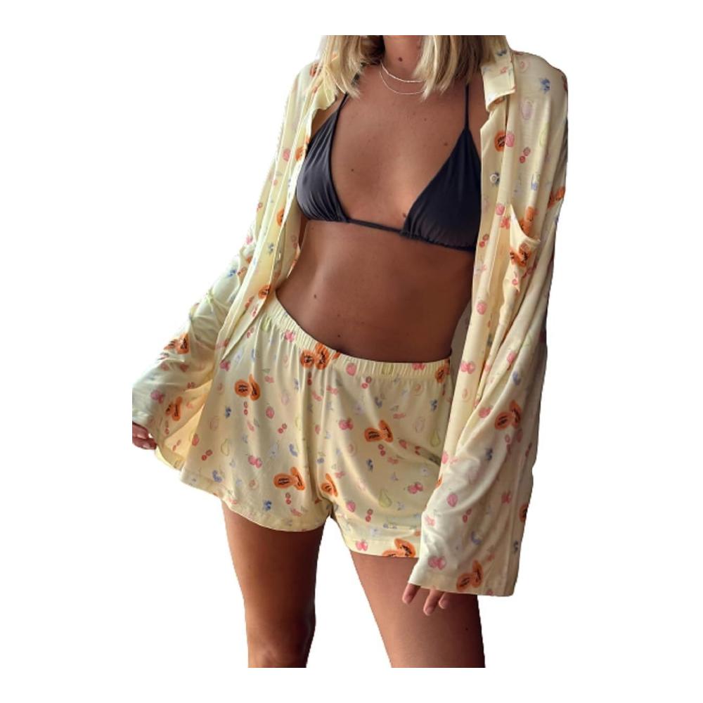 Damen Pyjama Set mit Y2K Blumendruck Langarm Button-Down Hemd und Hose - Bequemes Lounge-Set für Damen-Nachtwäsche