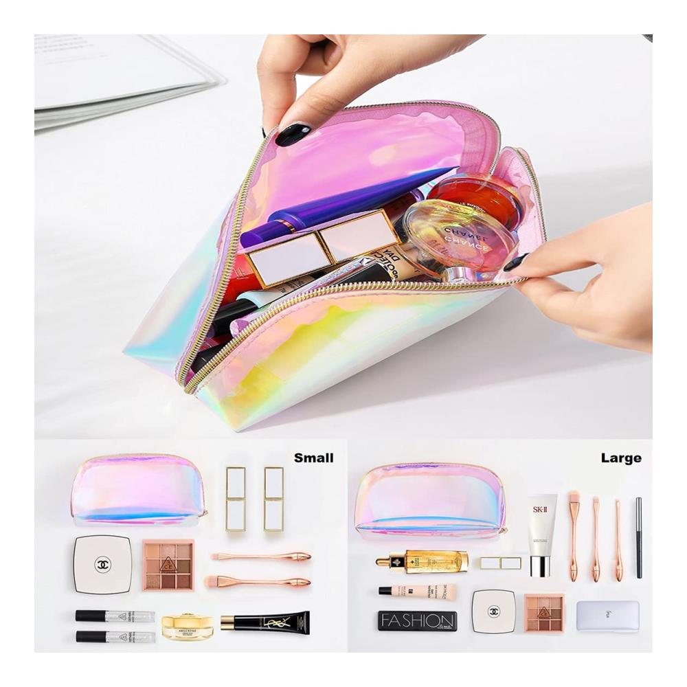 Holographischer Kosmetikkoffer für Damen – Tragbare transparente Make-up Tasche mit Münzfach und Reiseetui (2er Set