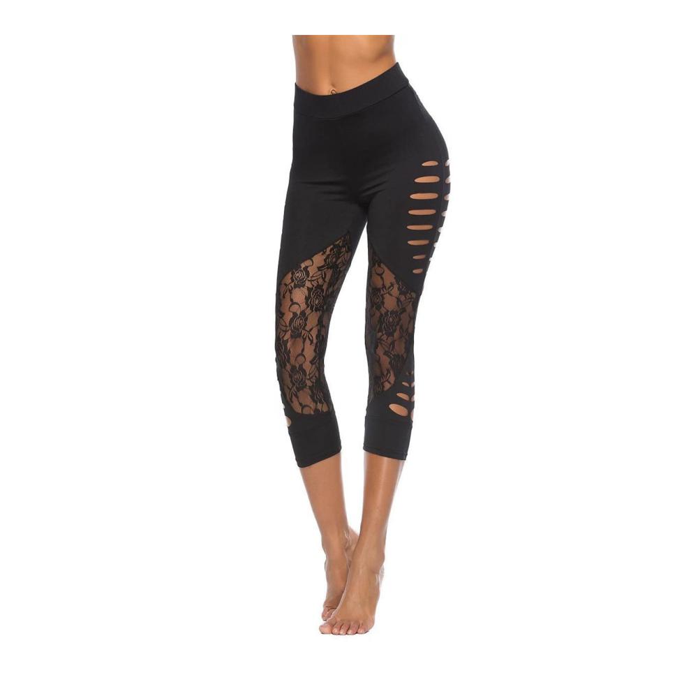High Waist Yoga Leggings - Damen Fitnesshose 3/4 Länge Spitzen Jogginghose mit Push-Up Effekt - Elastische Gym Workout Tights für Frauen