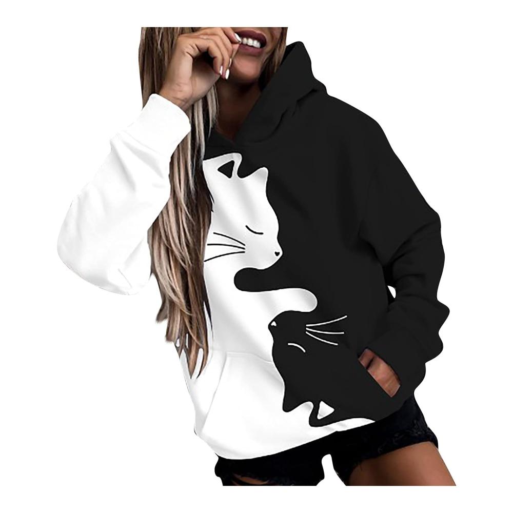 Damen Hoodie Kreative Patchwork Pullover mit Kaninchen- und Katzen-Druck Langarm Sweatjacke für Frauen – Modische Kapuzenpullover mit Tasche ideale Geschenke