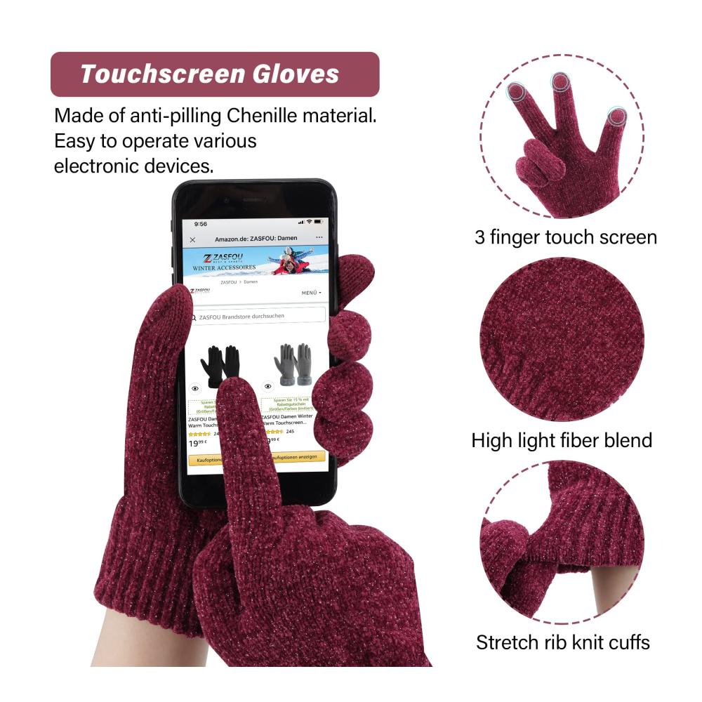 Chenille Strick Damen Winter Set Beanie Mütze Schal & Touchscreen-Handschuhe für den Winter - Loop Schal und Wärmende Winterhandschuhe inklusive