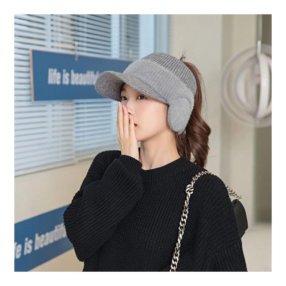 Damen Winter Strickmütze mit Ohrenschutz Fleece-Innenfutter Pferdeschwanzöffnung und Ohrenklappen - Warme Baseballmütze für den Winter