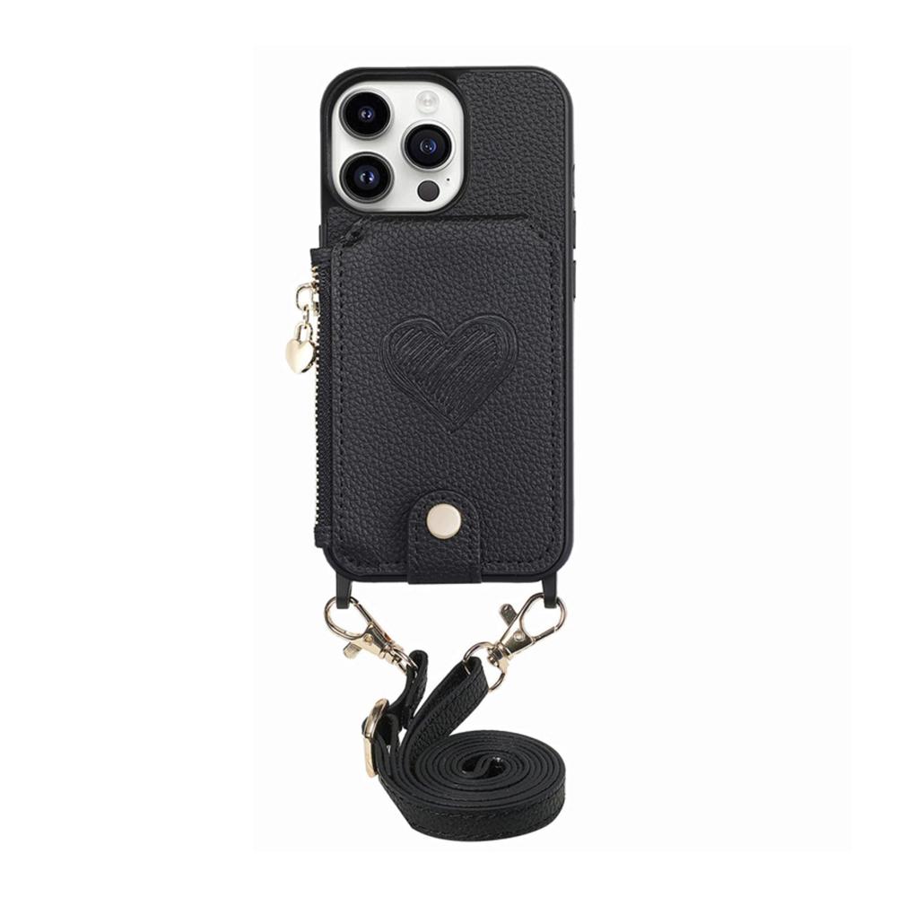 iPhone 15 Pro Max Geldbörsen-Hülle mit Band | Leder Handyhülle & Geldbörse Schwarz | Schlankes Design für 15 Plus/15 Pro | 15ProMax Tasche