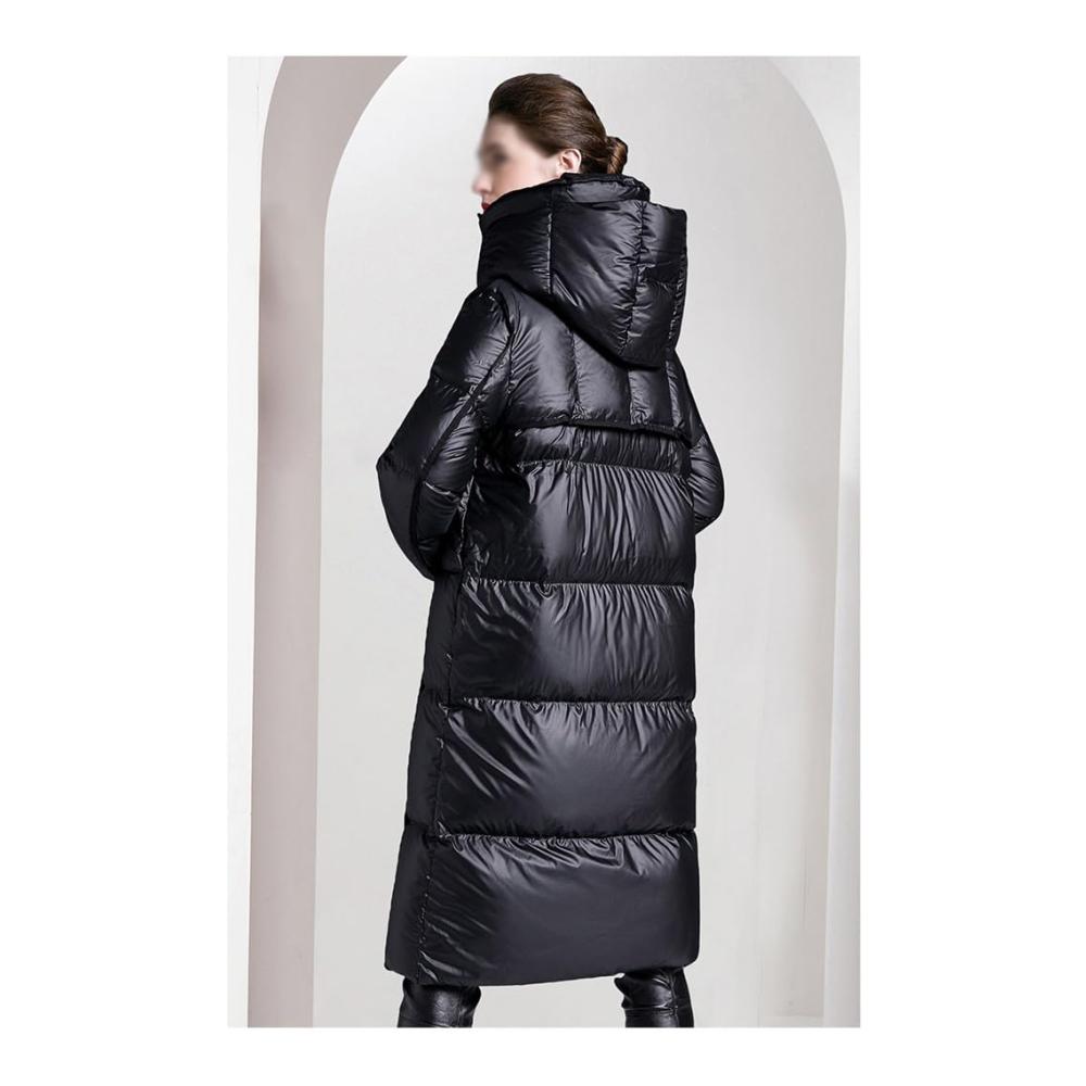 Winter Daunenjacke Knielange schwarze Koreanische Damenjacke | 90% weiße Entendaunen Kapuze lose Passform (D Größe L