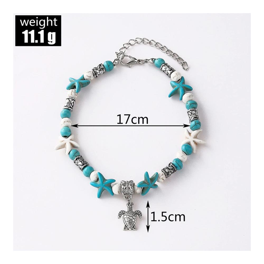 Boho Fußkettchen-Set Schildkrötenanhänger Ring- und Perlenanhänger passende Ringe Mond Bettelarmband
