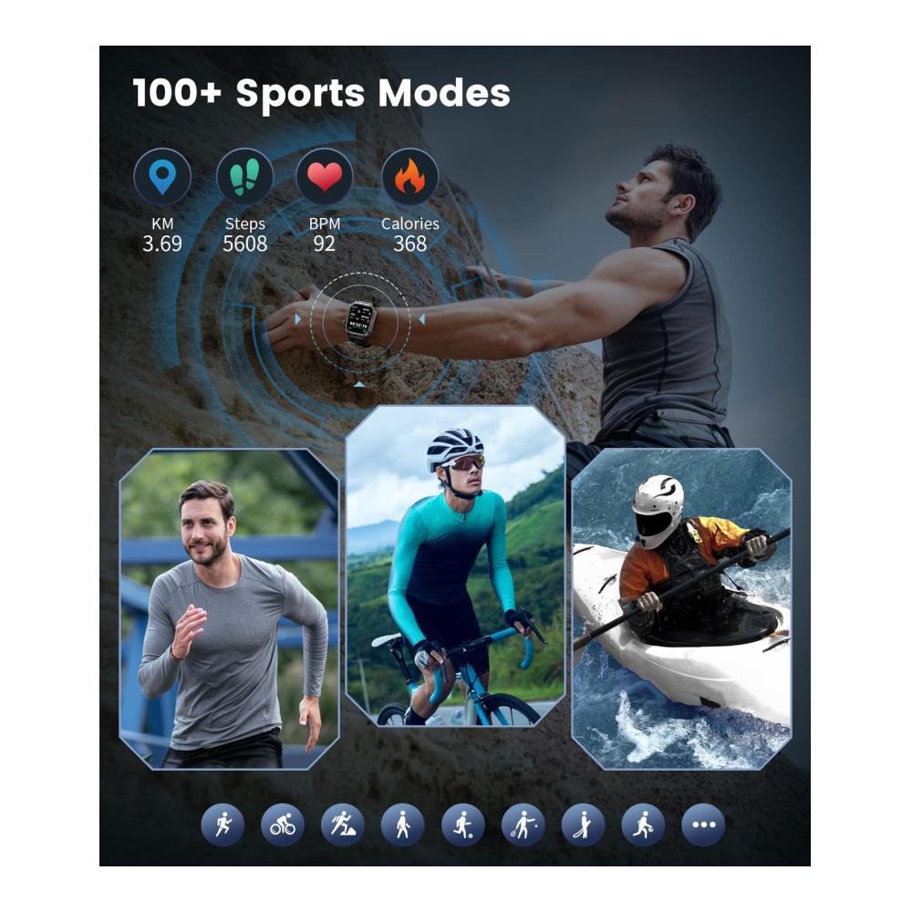 Fashion Smartwatch mit Telefonfunktion Militär Metallband Herzfrequenz- & Schlaftracker 123 Sportmodi Fitness Tracker 1.96 Full Touch wasserdichte Sportuhr für Android iOS - Schwarz