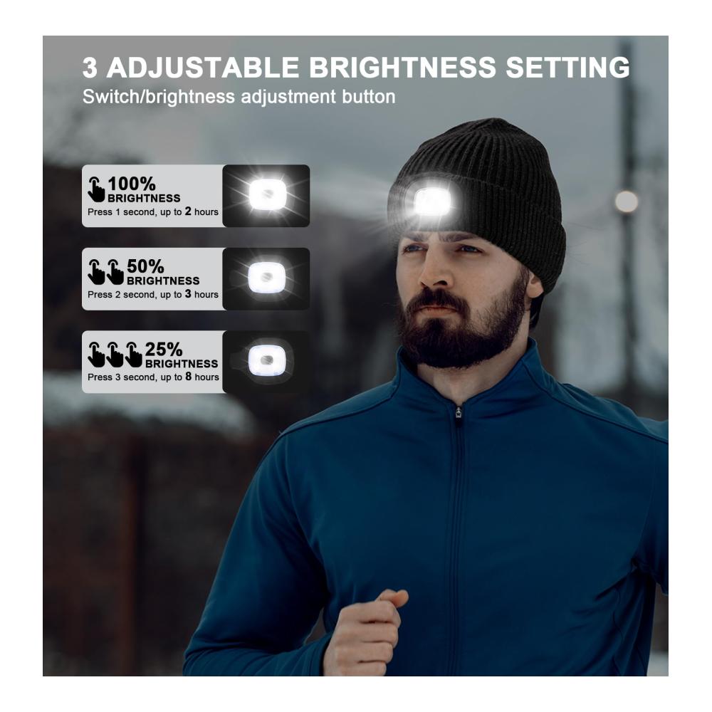 LED Strickmütze für Männer und Frauen - Wiederaufladbar USB-Laufmütze mit extrem hellem Licht - Ideales Geschenk für Outdoor-Aktivitäten 4 LED-Lampen inklusive