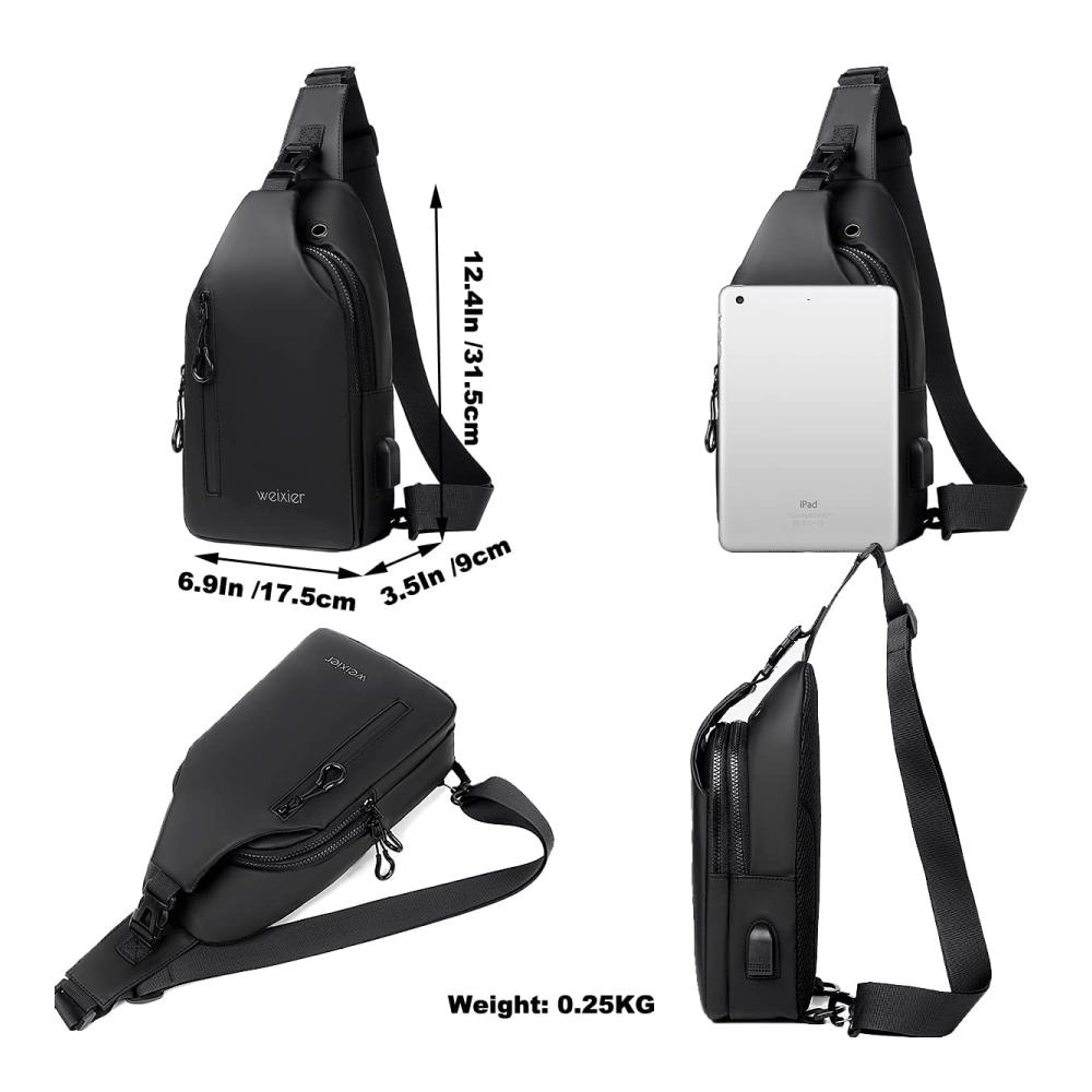 Anti-Diebstahl Schultertasche für Herren – Wasserdichte Brusttasche mit USB-Ladeanschluss für Arbeit Reisen Wandern und Alltag (Dunkelgrau