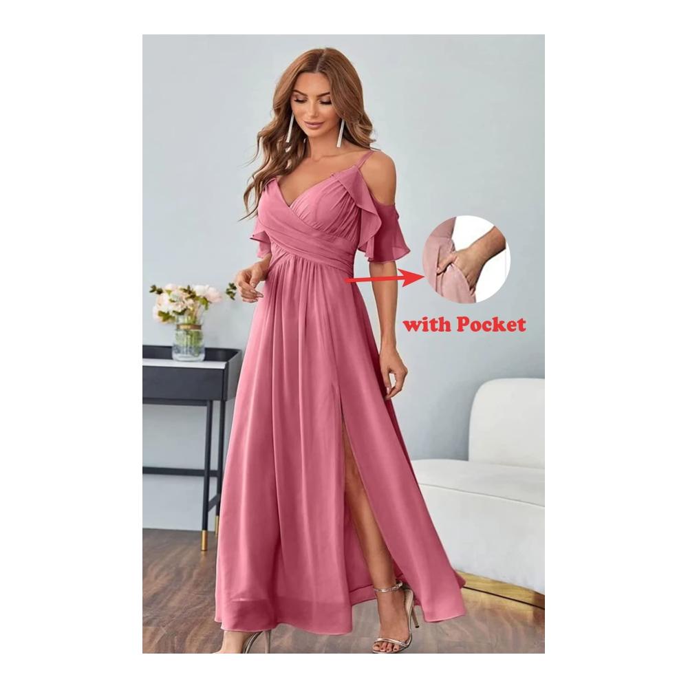 Abendkleider Damen lang – Elegante A-Linie Chiffon Ballkleider mit Schulterfreiheit und Spaghetti-Trägern für formelle Anlässe