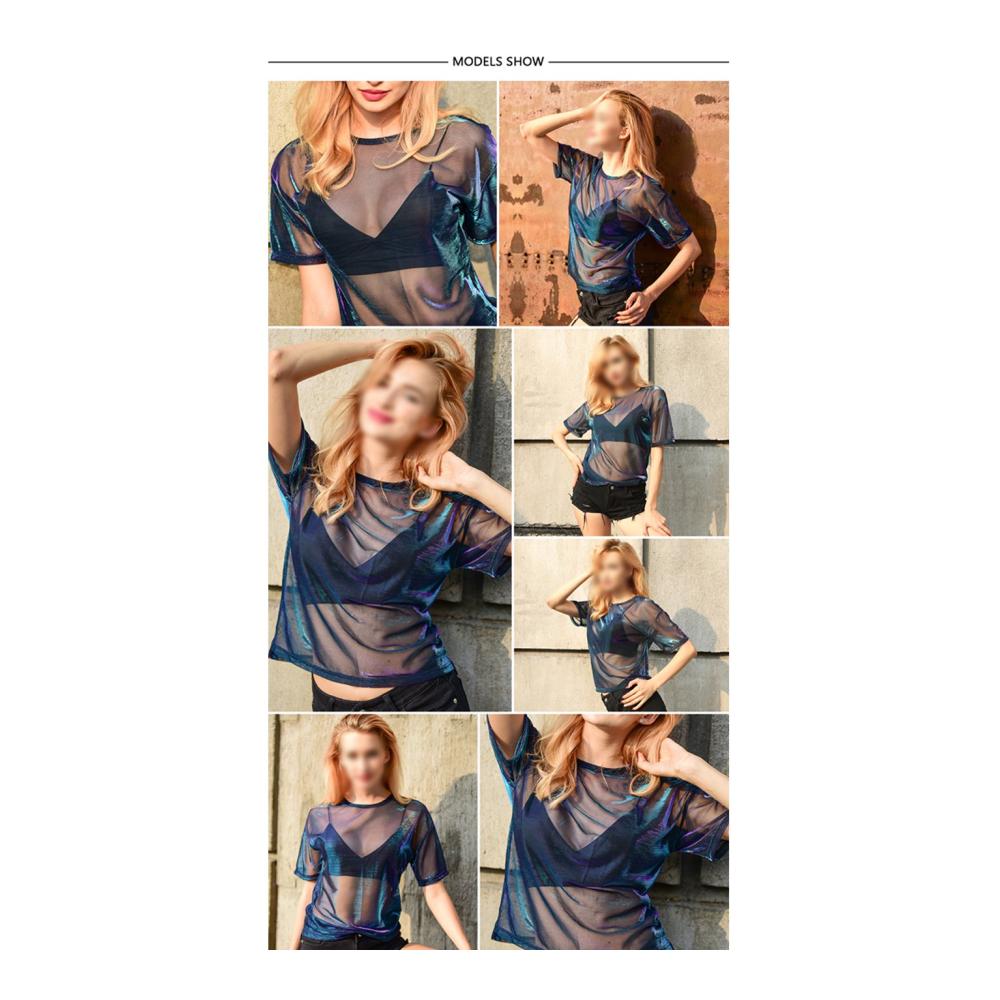 Damen Sommer T-Shirt - Transparentes Kurzarm-Tüllshirt in Schwarz (S-XL