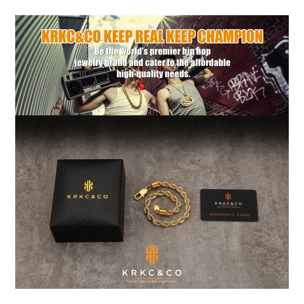 KRKC&CO 6mm Herren Armband - Stilvolles 18K Gold Vergoldet/Silber Farbe Edelstahl Kordelarmband - Hip-Hop Nickelfrei Bracelet für Männer - Verstellbare Länge 17-22cm