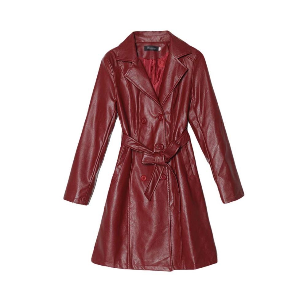 Langarm Damen PU Lederjacke mit Gürtel – Stilvoller Windbreaker Mantel