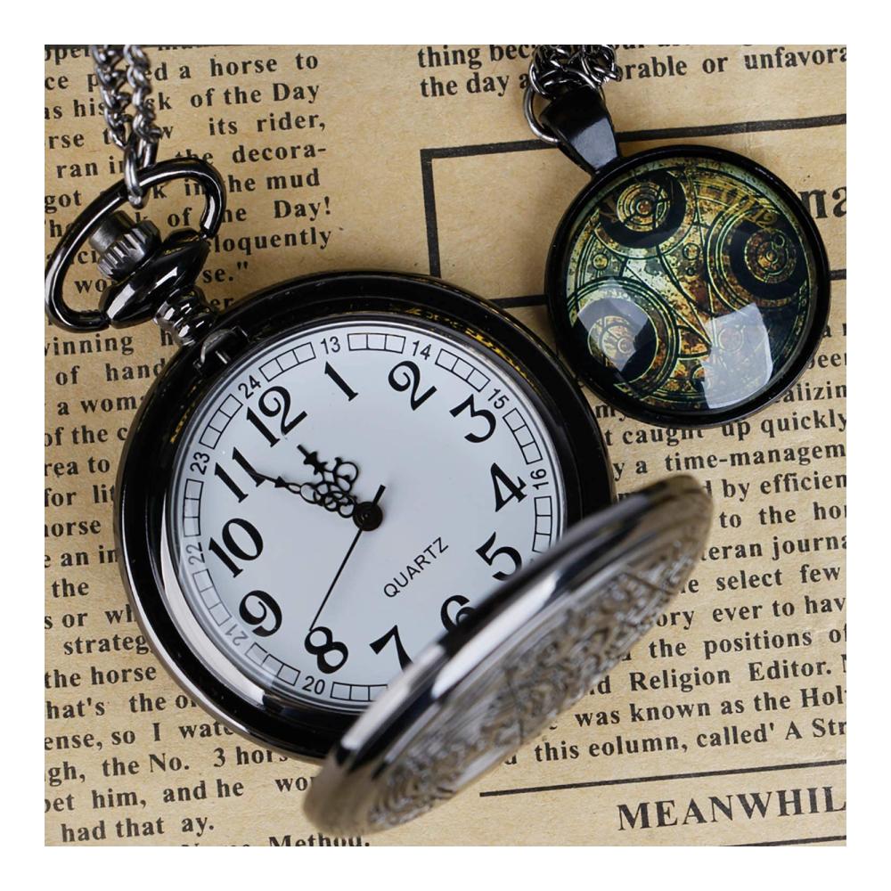Doctor Who Taschenuhr Bronze Vintage Design Schwarzes Gehäuse Quarz-Uhrwerk Römische Ziffern Herren Halskette Anhänger mit Kette