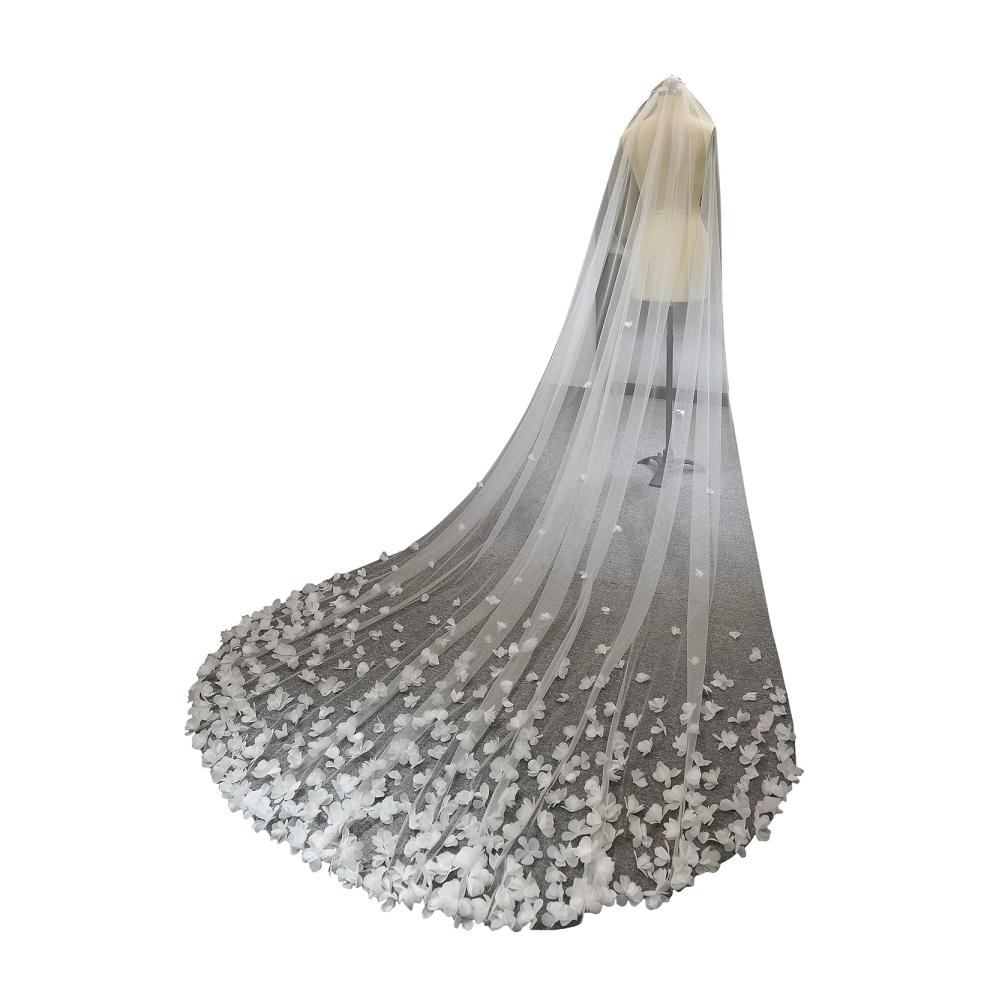 3D-Blumen Brautschleier - Weißer Luxus Hochzeitsschleier mit Blumenspitze Kamm und Kathedralenlänge für die Braut - NEU und elegant
