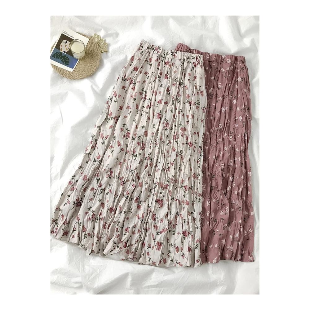 Vintage Blumendruck Maxi Rock - A-line Plissee Sommerrock für Damen Koreanischer Streetwear Midi Rock mit Kordelzug und elastischer Taille