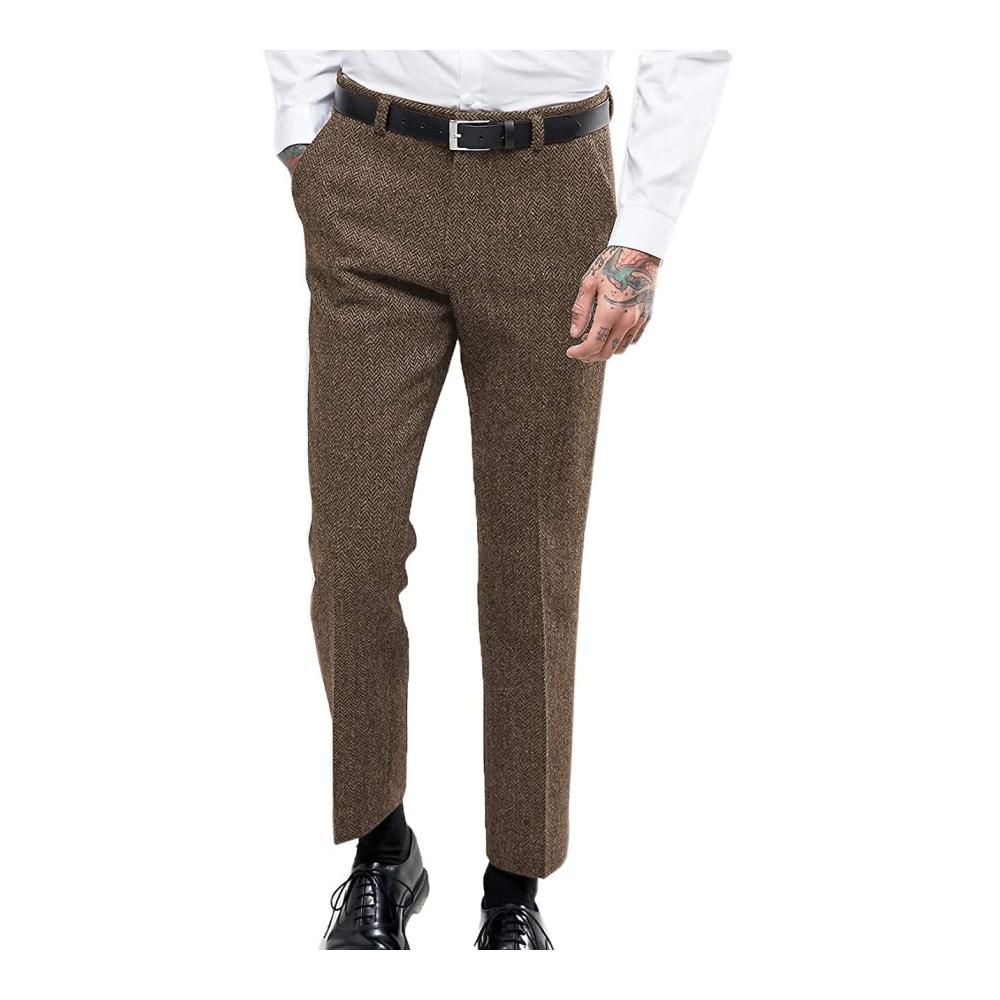 Hoch taillierte Vintage Herringbone Tweed Anzughose für Herren - Wolle Slim Fit Hose für Hochzeit und Trauzeugen