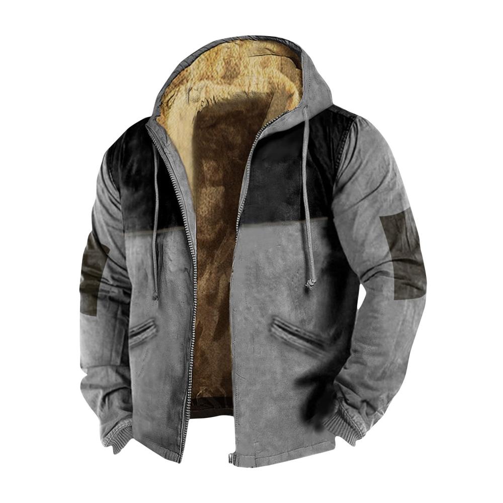 Winter Herrenjacke mit Warmfleece Kapuze und Vintage-Druck - Langarm Kordelzug Reißverschluss Taschen (Y01