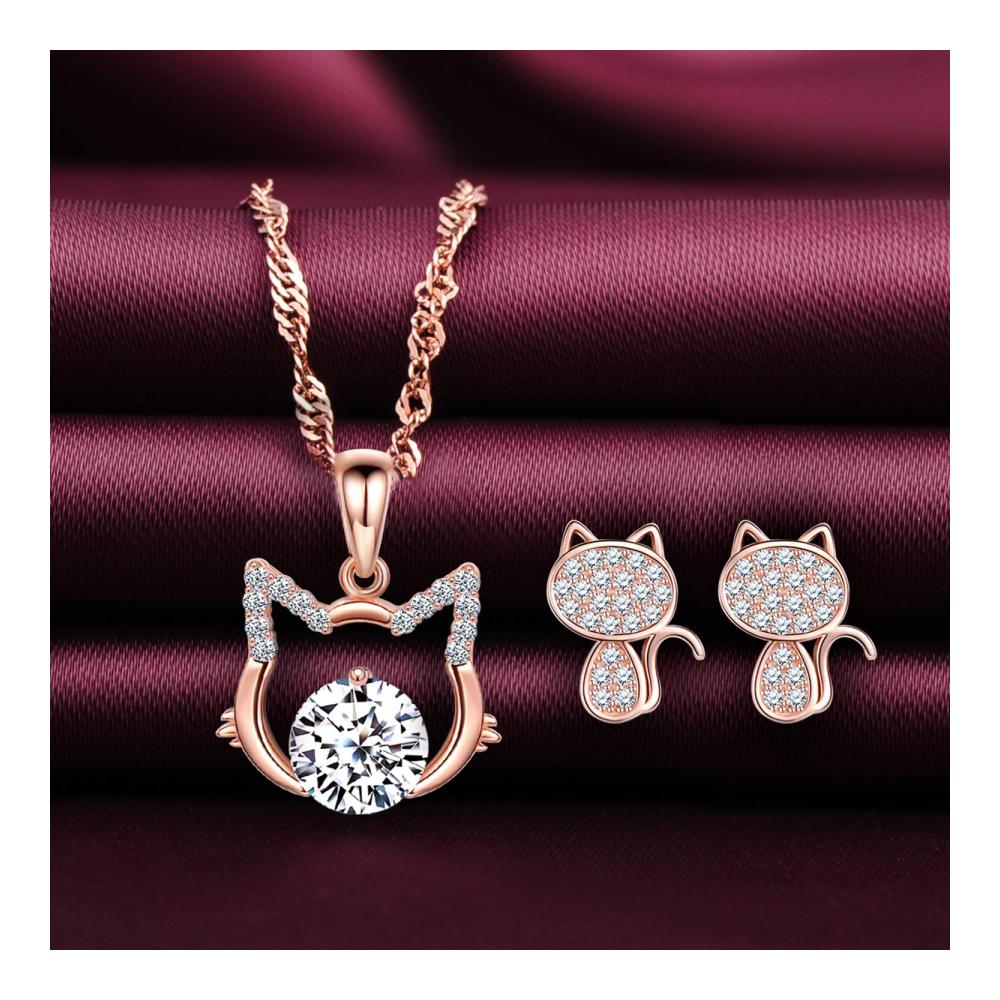 Damen-Schmuckset Roségoldene Kette mit Katzen-Anhänger Ohrstecker mit Zirkonia 925 Sterling Silber Geschenk für Frauen