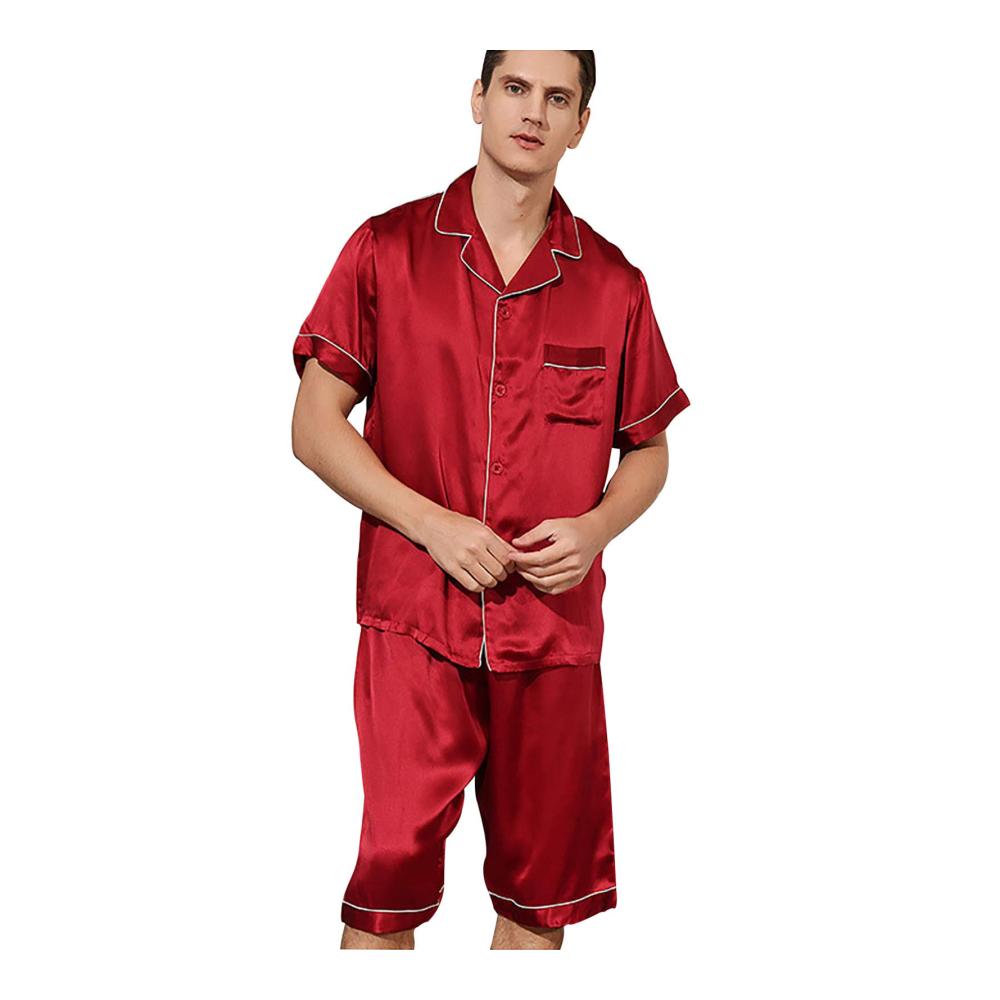 Herren Schlafanzug Set Button-Down Seidenpyjama mit Shorts (Rot L) - Bequemer Kurzarm Pyjama für erholsamen Schlaf