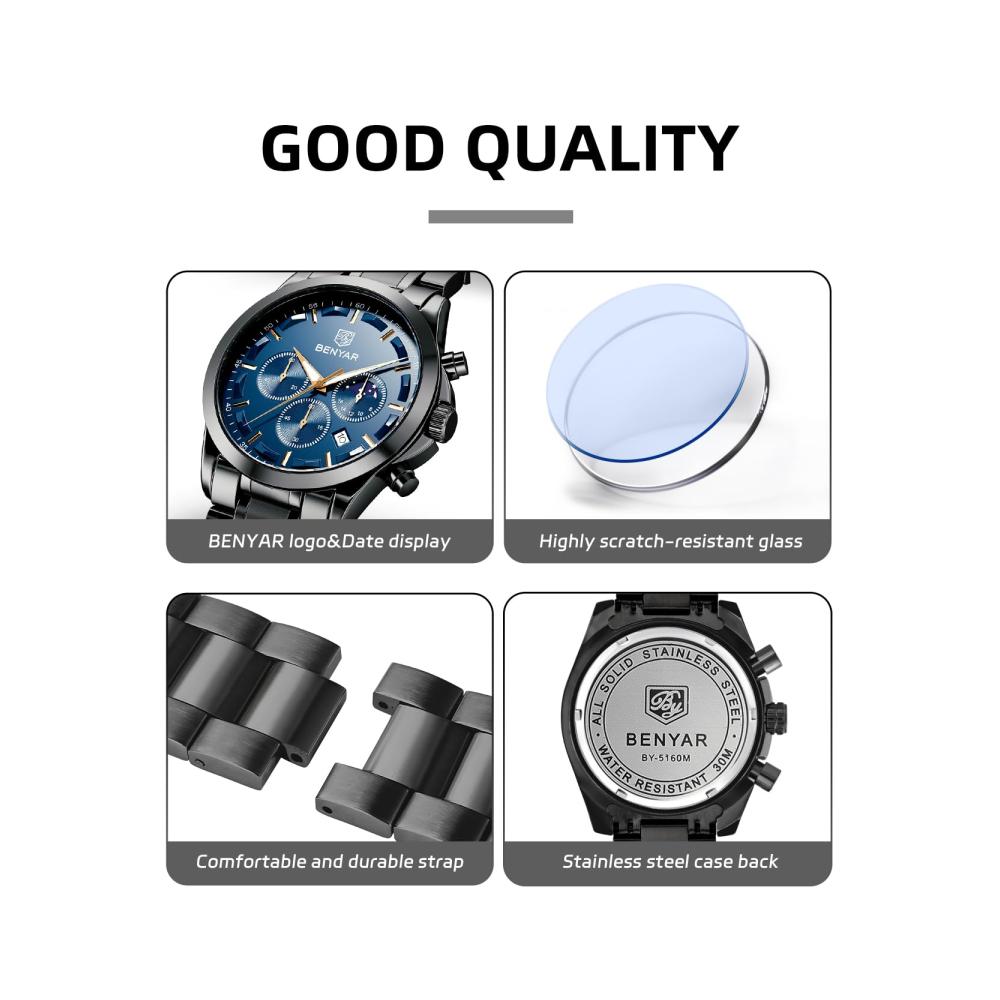 BENYAR Chronograph Herrenuhr - Stilvolle Armbanduhr mit Analogem Quarz Wasserdicht Leuchtendem Datum Business Design - Perfektes Geschenk für Männer mit Leder- oder Edelstahlarmband