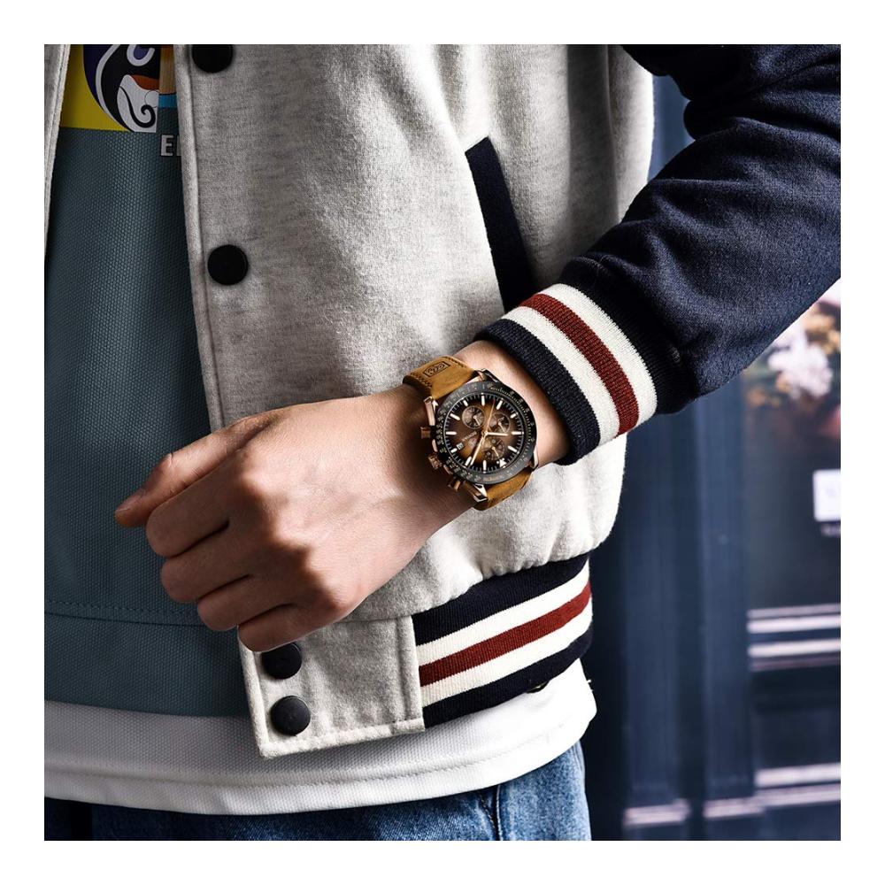 BENYAR Herren Armbanduhr - Chronograph Quartz Wasserdicht Business Design Schwarz/Blau Zifferblatt Braunes Lederarmband