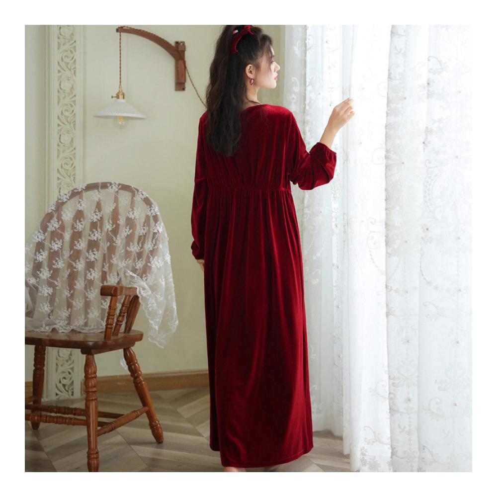 Gold Samt Victorian Langarm Nachthemden für Damen - Warme Pyjamas in Plus-Größe mit Palace Style. Ideal für den Innen- und Außenbereich kann als locker sitzende Hauskleidung getragen werden. Red-XL