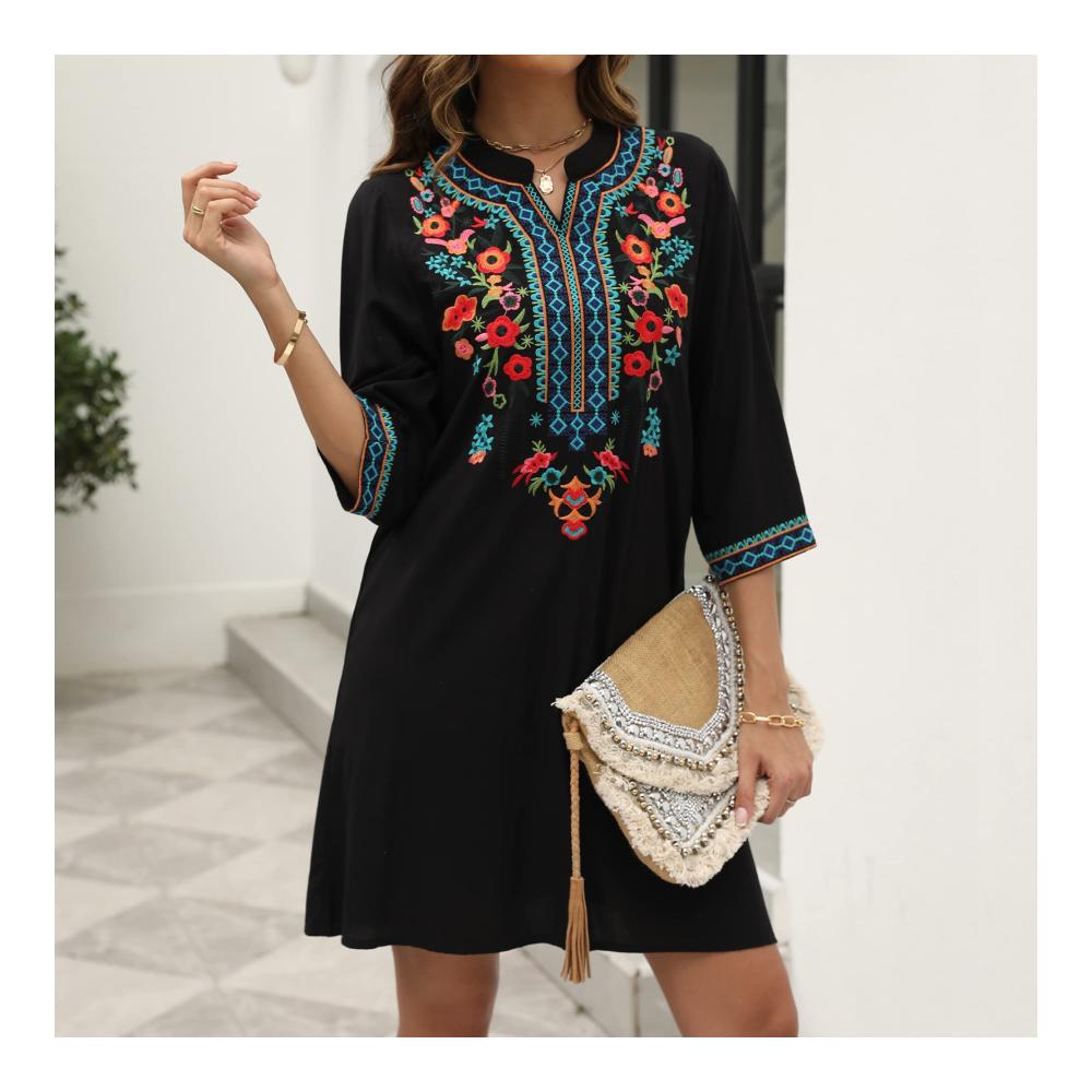 Boho Stickerei Kleid für Damen - 70er Hippie Style mit 3/4 Ärmeln Geteilter Neck und Knielänge - Freizeit Vakakado Frauenmode