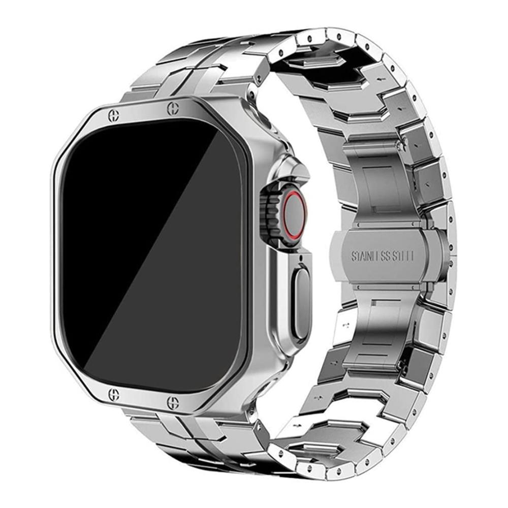 Edelstahl Apple Watch Armband | Massives Gehäuse & Metall-Schmetterlingsverschluss | Kompatibel mit 49mm Ultra 8/7/6/5/4/SE & 45mm/41mm/44mm/40mm | TPU-Abdeckung | iWatch 321 (42mm