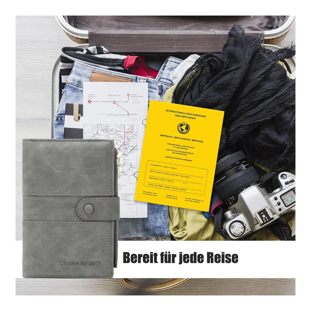 Reisepasshülle mit RFID-Blocker - Schutzhülle für Kreditkarten Ausweis und Reisedokumente - Graue Multi-Compartment Tasche für sichere Aufbewahrung - Travel Organizer als praktisches Reisezubehör