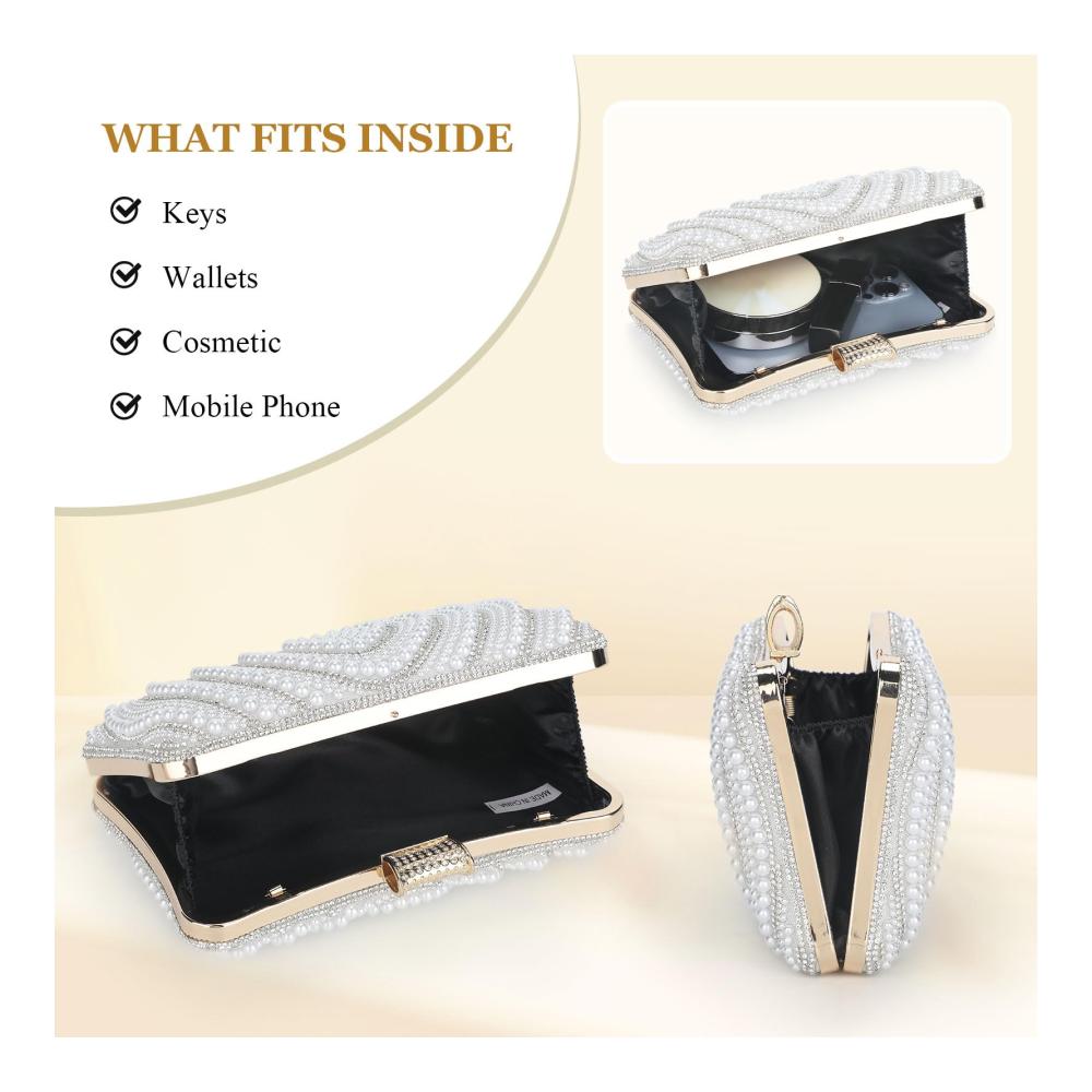 Damen Clutch Elegante Abendhandtasche mit Diamant- und Perlen-Finishs 2 Ketten – Ideal für Neujahrsball Hochzeit und Party