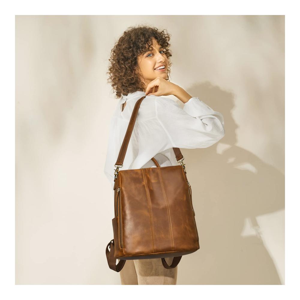 Damen Tagesrucksack Vintage Echtleder Rucksack mit Geldbörse Mode Umhängetasche ideal für Reisen und Schule