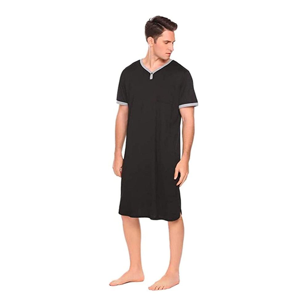 Herren Schlafanzug KANGNING Baumwoll Sleep Shirt Kurzarm V-Ausschnitt Bequemes Nachthemd in Blau - Größe XL